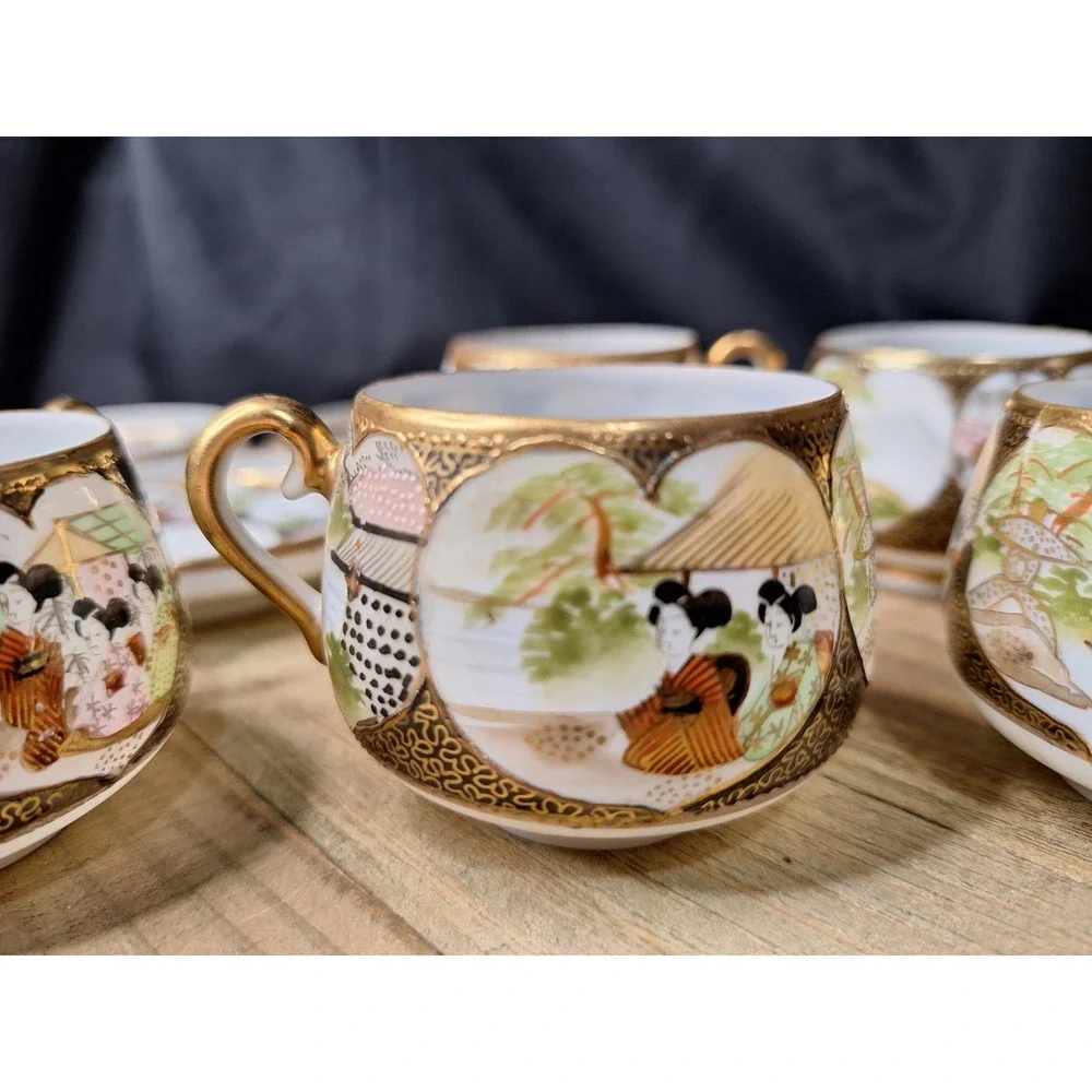 Antique Japanese Satsuma Eggshell‎ Porcelain Tea Cups & Saucers Set of 10 Geisha